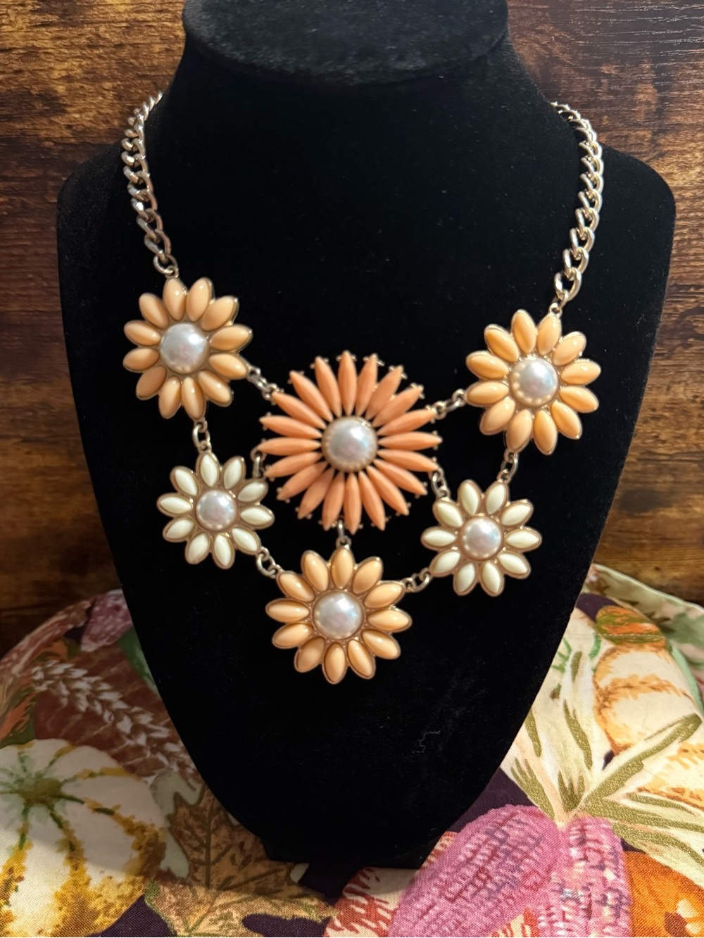 Floral Pearl-Accent Statement Necklace in Peach and Cream